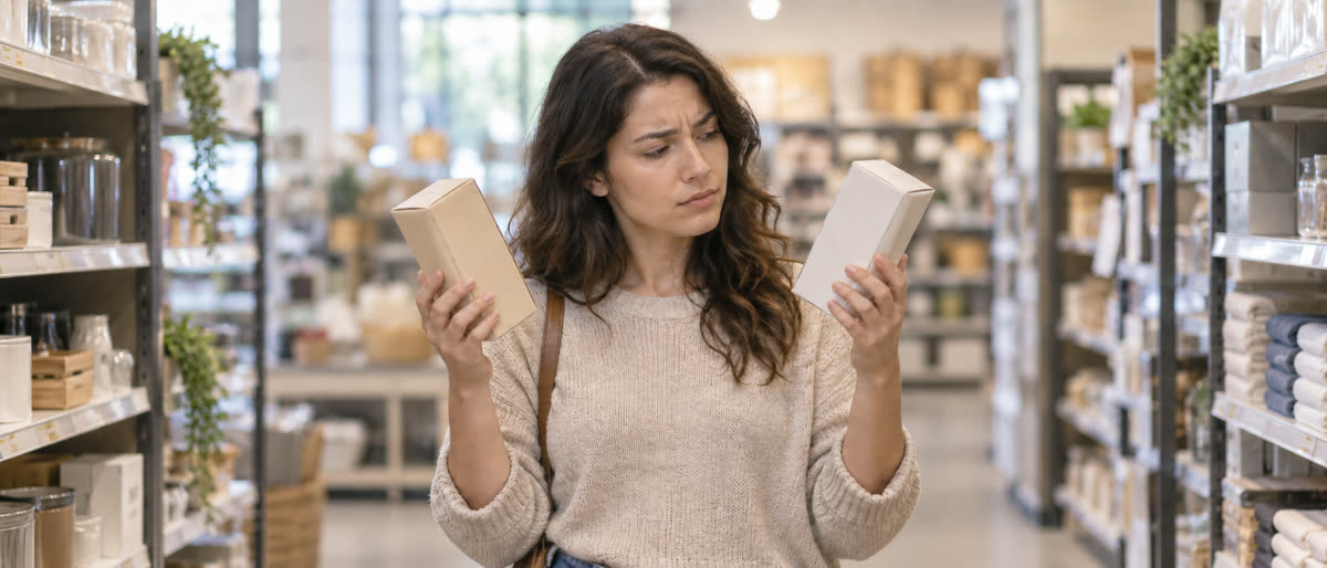 A puzzled shopper in a store aisle compares two unbranded boxes, one in each hand.